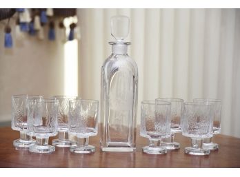 A  Orrefors MCM Etched Decanter With Coordinating Glass Set