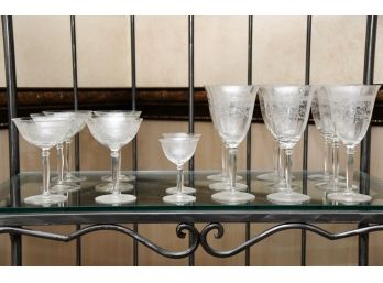 A Set Of Vintage Floral Etched Drinking Glasses