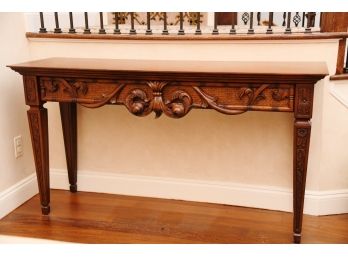 An Ethan Allen Mahogany Console Side Table With Cane Trim And Carved Detail Front