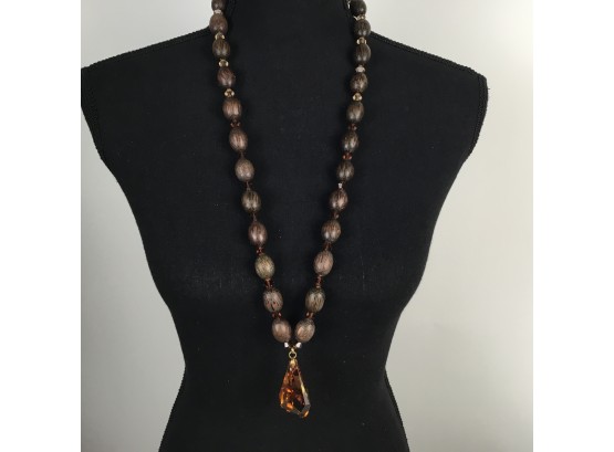 Wood Necklace With Amber Pendant