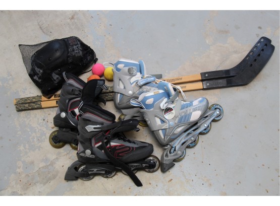 Two Pairs Of Roller Blades Including Hockey Sticks, Balls & Knee Pads
