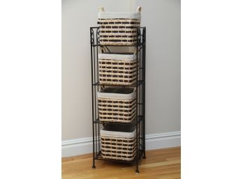 A Wrought Iron Storage Shelf With Four Baskets