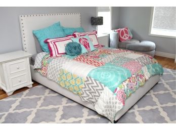 A Queen Sized Linen Headboard & Bed Frame With Bedding Included