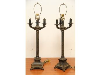 A Matching Pair Of Metal Three Arm Table Lamps