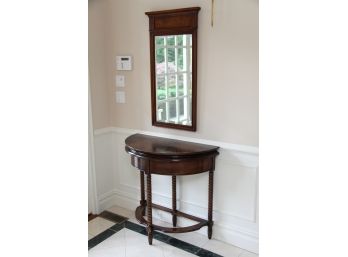 A Oak Demilune Table With Framed Mirror