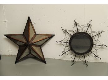 Pair Of Metal Ornate Mirrors In Sunburst And Star Pattern