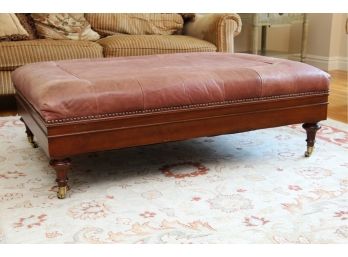 Oversized Brown Leather Nailhead Ottoman On Wheels Made In The USA