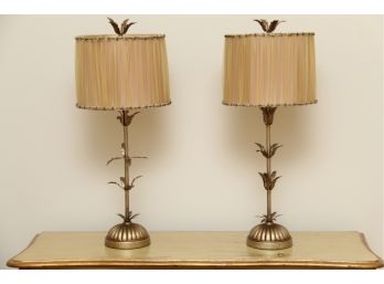 A Lovely Pair Of Brass Petaled Table Lamps With Ceramic Base & Beaded Shade