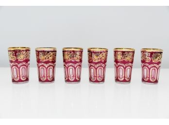 Set Of 6 Tea Glasses (red/red) Gold Rimmed