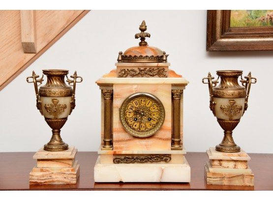 An Antique Alabaster Japy Freres French  Mantle Clock With Coordinating Garnitures