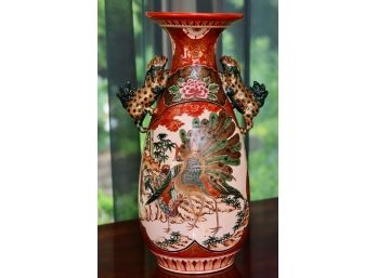 A Chinese Export Signed Asian Peacock Vase Featuring Foo Dog Handles