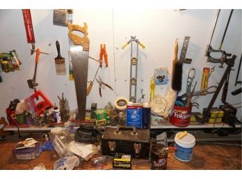 Large Assortment Of Tools Including Level, Nails, Hacksaws, And More