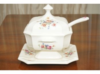 A Ceramic Floral Soup Tureen With Tray