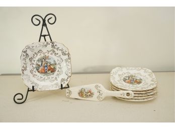 A Set Of 6 Royal China Crackled Ceramic Victorian Cake Plates And Serving Knife