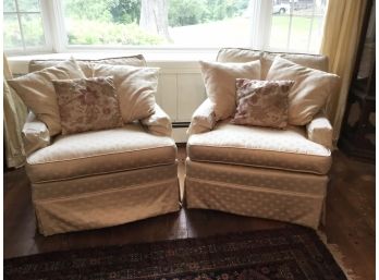 Pair Ivory Slipcover Club Chairs With Pillows