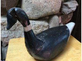 An Antique Hand Carved Black With White Decoy Duck 16 Inches