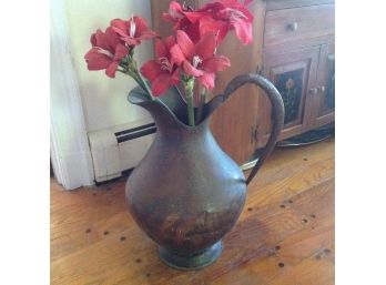 Large Metal Pitcher With Red Flowers