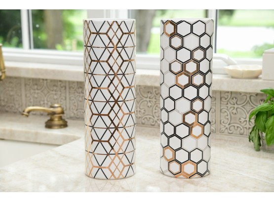 Pair Of Geometric Decorated Ceramic Vases