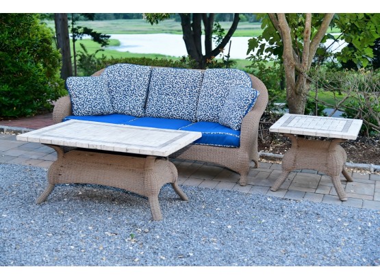 Outdoor Patio Set - Weave Sofa, Ceramic Tile Coffee And Side Tables