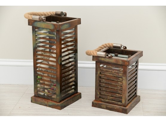 Pair Of Wooden Lanterns With Rope Handles