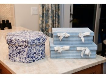 Blue And White Gingham And Flower Storage Boxes