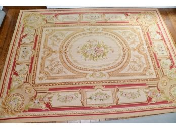 Aubusson Rug With Shades Of Scarlet & Gold With Floral Centerpiece