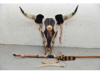 Painted Steer Skull With Hand Buffalo Fur And Native American Walking Stick
