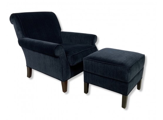A Ralph Lauren Blue Velvet Custom Upholstered Chair And Ottoman