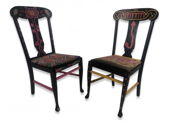Pair Of Hand Painted Tribal Side Chairs With Custom Sewn Cushions
