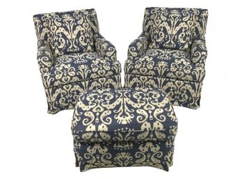 Matching Pair Of Custom Upholstered Club Chairs With Matching Ottoman