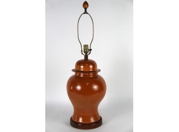 Orange Glazed Ginger Jar Style Table Lamp With Wooden Base (Untested)