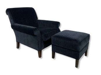A Ralph Lauren Blue Velvet Custom Upholstered Chair And Ottoman