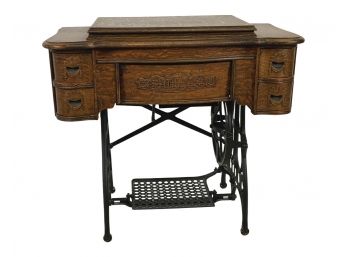 Antique Tiger Oak Sewing Machine Table With Machine By White