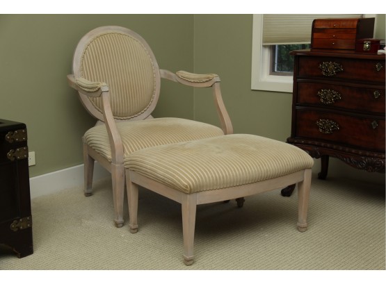 Amazing Custom Upholstered Blonde Oak Round Back Chair And Ottoman