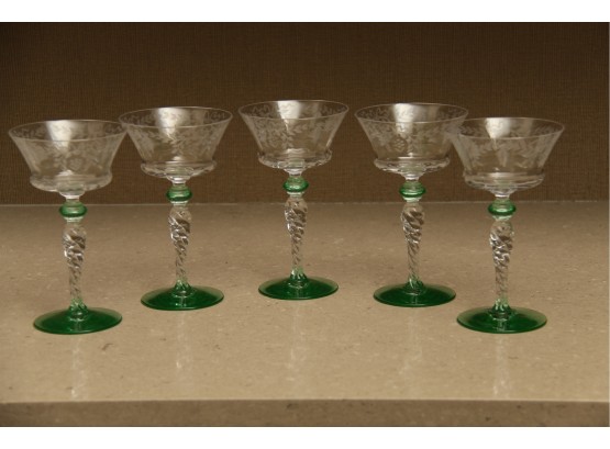 A Collection Of 5 Green Stem Bohemian Glass White Wine Glasses