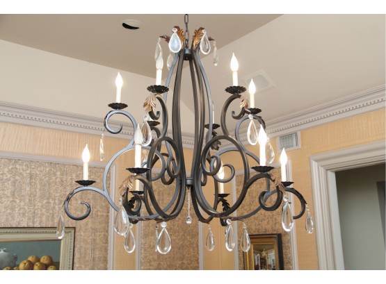Grand Wrought Iron 12 Light Chandelier With Brass Accents And Drop Crystals