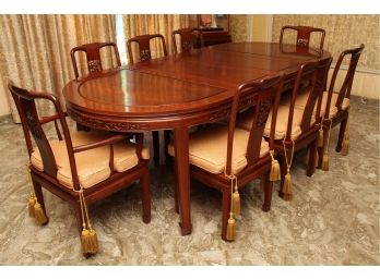 Asian Chinoiserie Rosewood Dining Set Table And Eight  Matching Rosewood Chairs