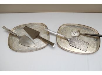 A Pair Of Silver Plate Trays With Utensils