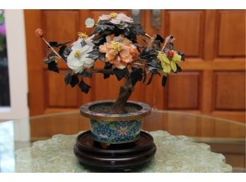 A Cloisonn And Jade Bonsai Tree On A Mahogany Pedestal Stand