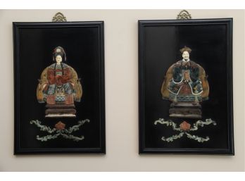 A Pair Of Hand Carved Embossed Asian Panels Emperor And Empress