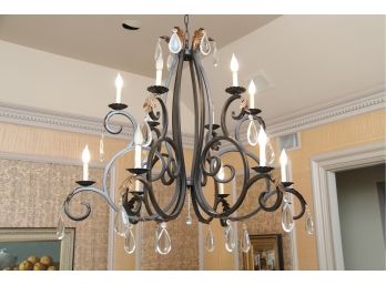 Grand Wrought Iron 12 Light Chandelier With Brass Accents And Drop Crystals