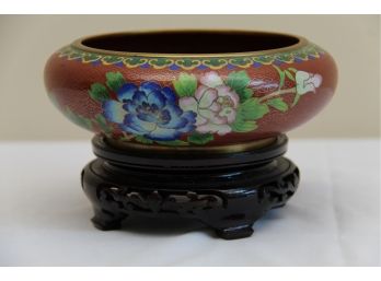 An Asian Cloisonee Bowl On Rosewood Stand