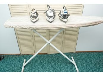 Group Of 3 Clothes Irons With Ironing Board