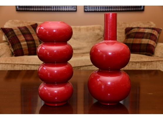 A Pair Of Red Bulbous Vases Handmade In Portugal