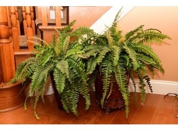 A Pair Of Faux Ferns In Painted Metal Vases