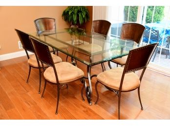 An Aristitica Beveled Glass And Metal Dining Table And Chairs READ