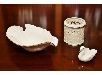 A Trio Of Lenox Including A Candle Holder, A Bird Dish, And A 'to The Bride' Swan