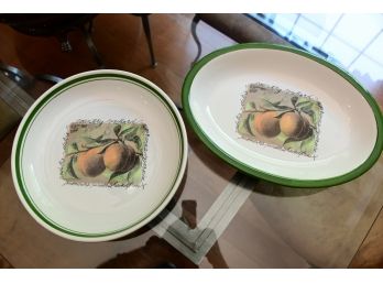 A Pair Of STOVIT Green Rimmed 'moments Under Shaded Trees' Peaches Serving Dishes