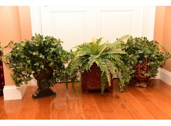 A Trio Of Painted Metal Pots And Faux Plants