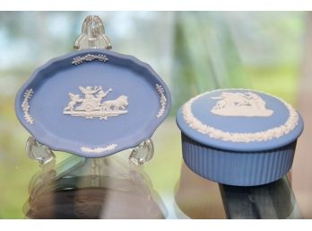 A Blue Wedgwood Dish And Lidded Jar